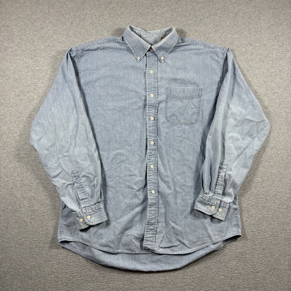VTG 90s LL Bean Denim Shirt Mens Large L Light Wash Cotton Button Up Long Sleeve